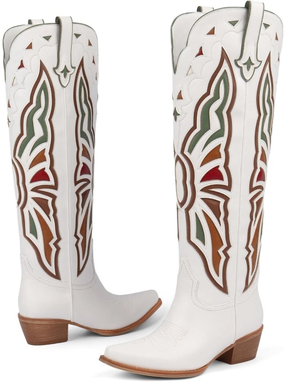 Women B-white Leather Knee High Chunky Butterfly Cowgirl Calf Pointed Toe Boot - Picture 6 of 6